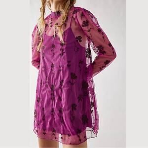 Free People Cecelia Sheer Floral Mini Dress Fuchsia Embroidered Mesh Size Small